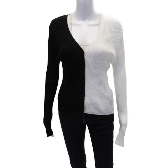 Staud Sweaters - Staud Womens Two-Toned Ribbed V-Neck Button Up Cardigan Sweater Black Size L